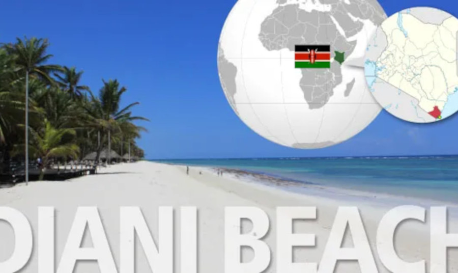 Composite image of Diani Beach, Kenya with location globe